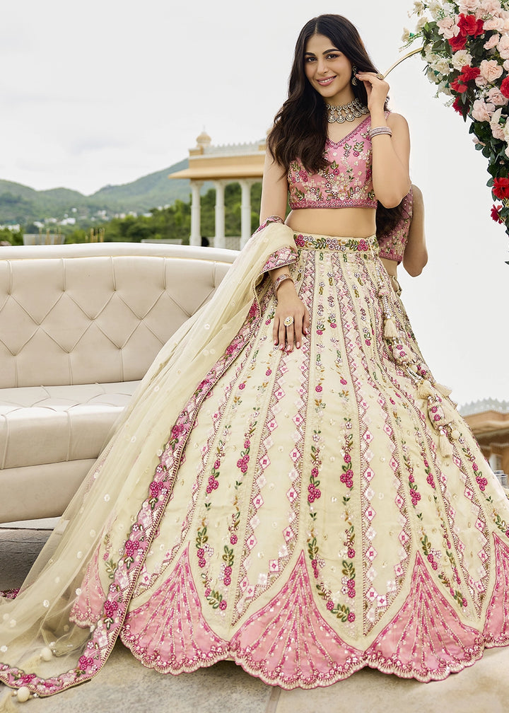 Parchment White Tissue Lehenga Choli with Handcrafted Floral & Sequin Work