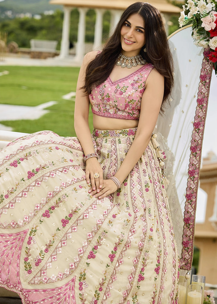 Parchment White Tissue Lehenga Choli with Handcrafted Floral & Sequin Work