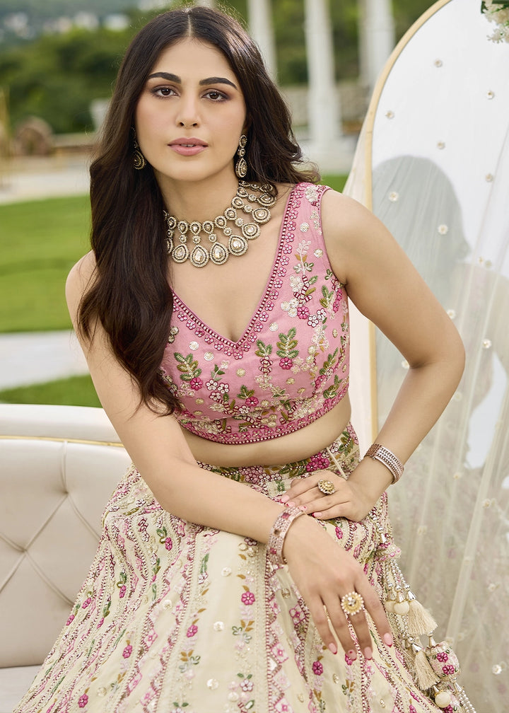 Parchment White Tissue Lehenga Choli with Handcrafted Floral & Sequin Work