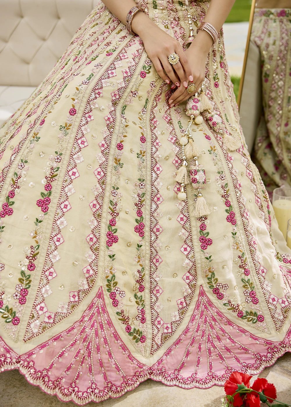 Parchment White Tissue Lehenga Choli with Handcrafted Floral & Sequin Work