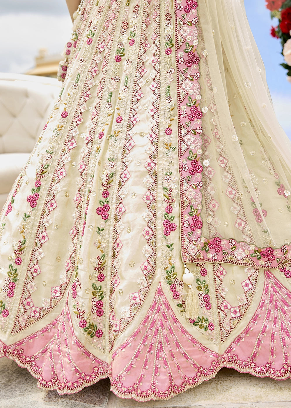 Parchment White Tissue Lehenga Choli with Handcrafted Floral & Sequin Work