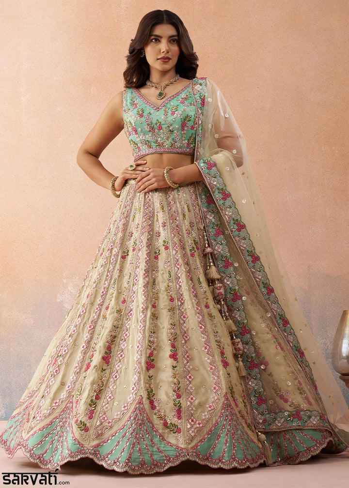 Green & Beige Brown Tissue Lehenga Choli with Floral & Sequin Embroidery