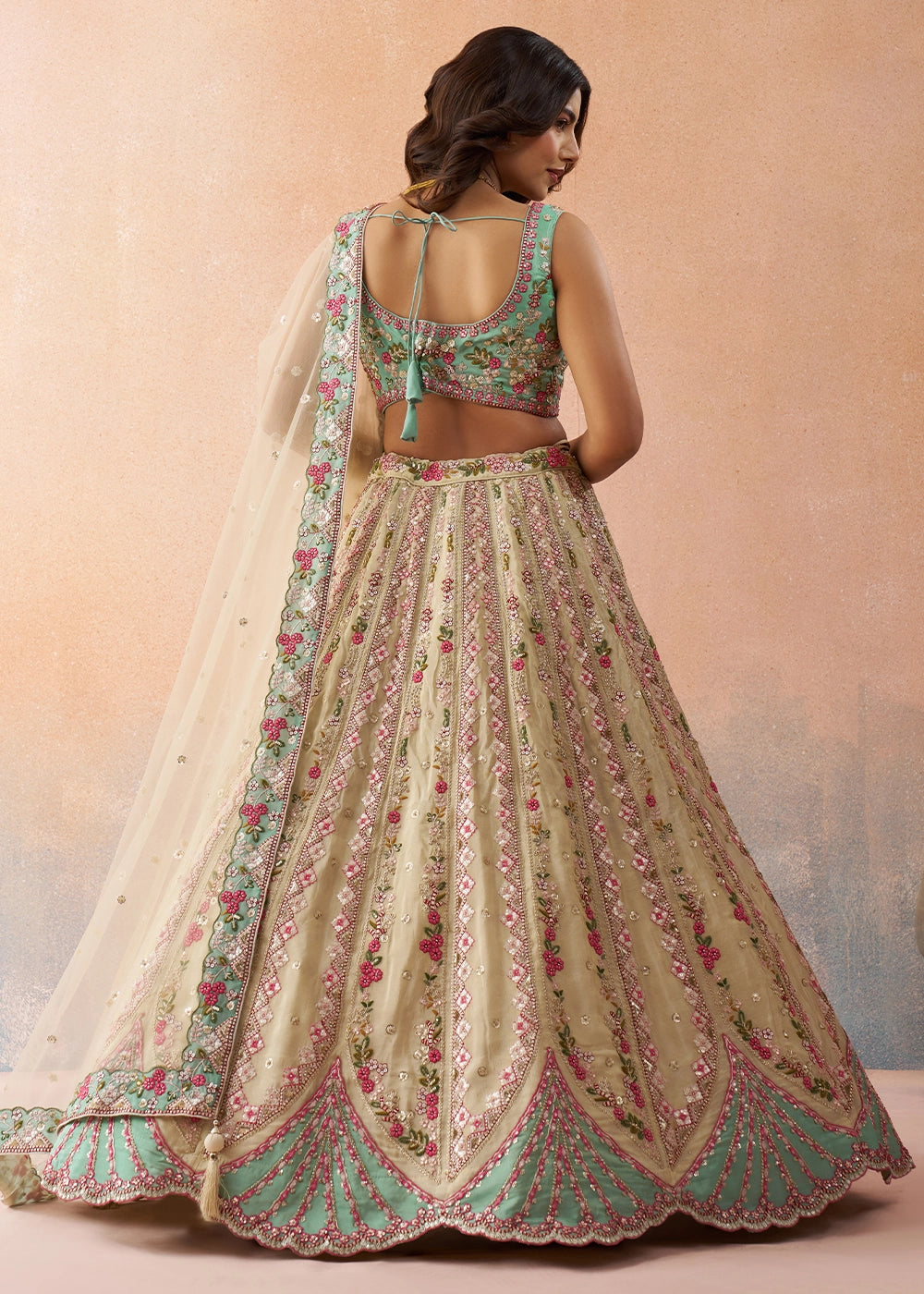 Green & Beige Brown Tissue Lehenga Choli with Floral & Sequin Embroidery