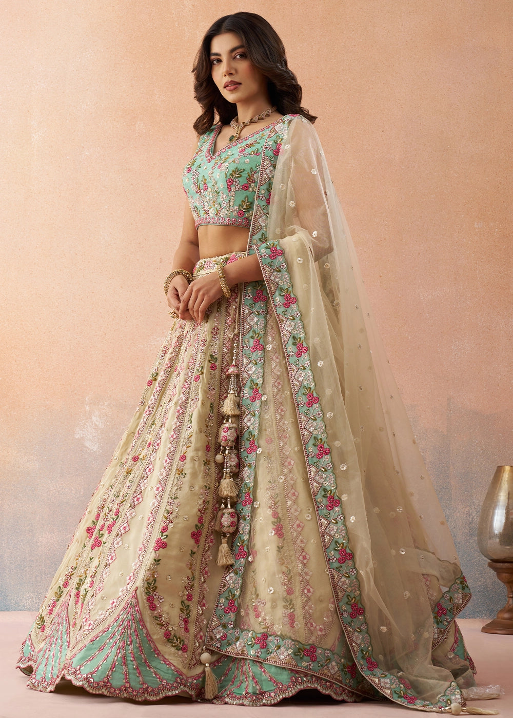 Green & Beige Brown Tissue Lehenga Choli with Floral & Sequin Embroidery