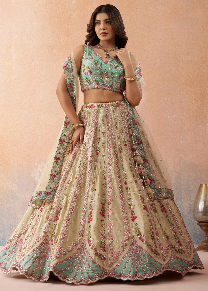 Green & Beige Brown Tissue Lehenga Choli with Floral & Sequin Embroidery