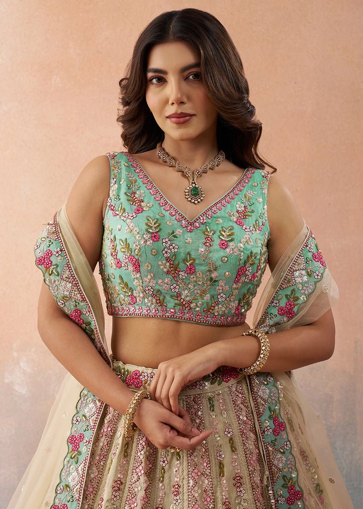 Green & Beige Brown Tissue Lehenga Choli with Floral & Sequin Embroidery