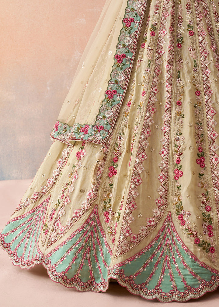 Green & Beige Brown Tissue Lehenga Choli with Floral & Sequin Embroidery