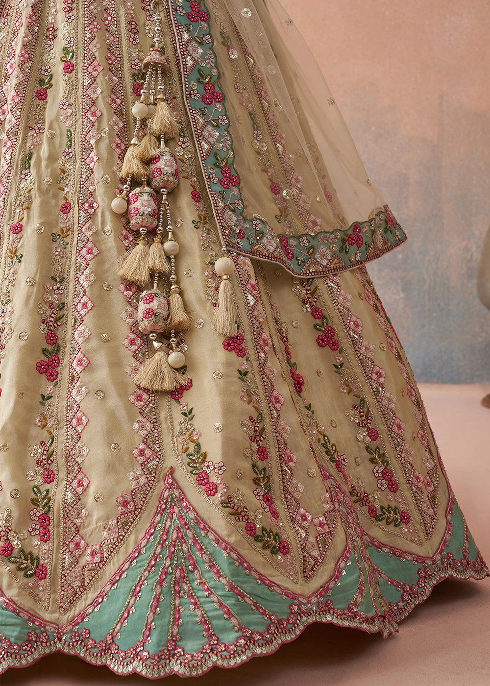 Green & Beige Brown Tissue Lehenga Choli with Floral & Sequin Embroidery