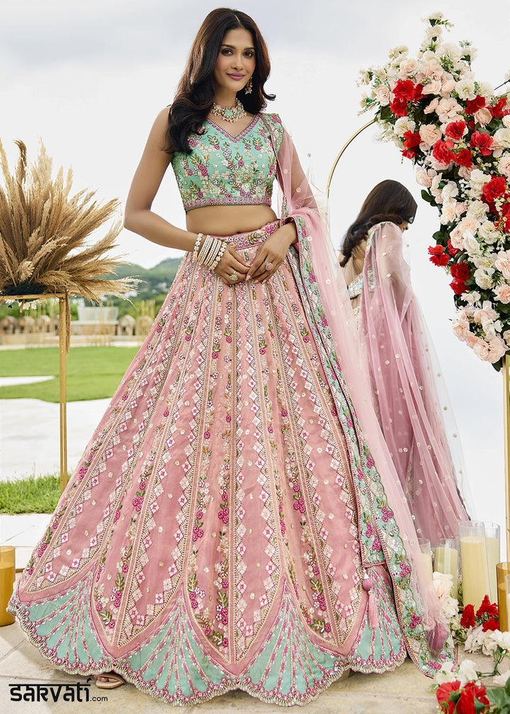 Light Pink Tissue Lehenga Choli with Handcrafted Floral & Sequin Work