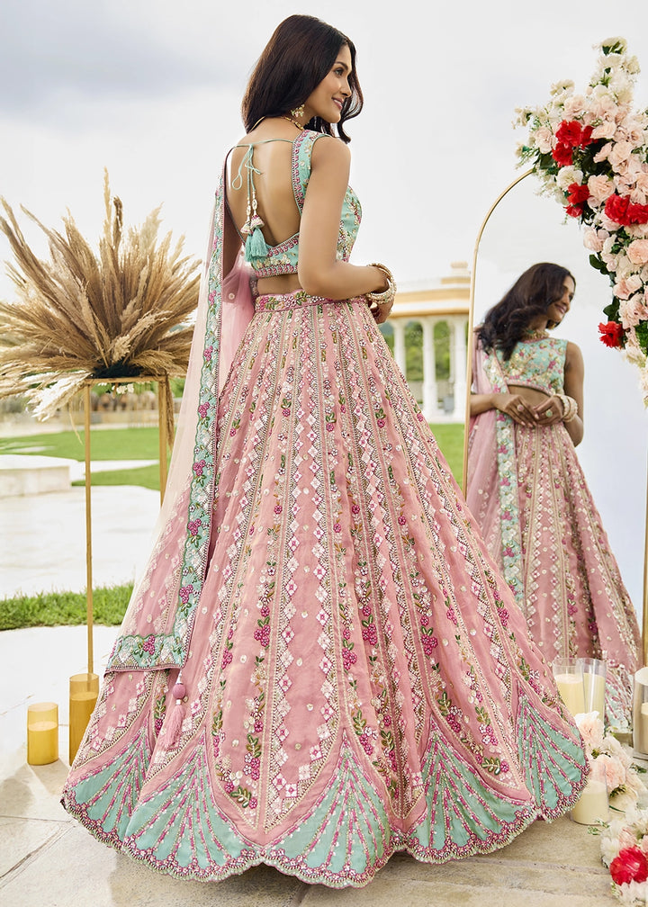 Light Pink Tissue Lehenga Choli with Handcrafted Floral & Sequin Work