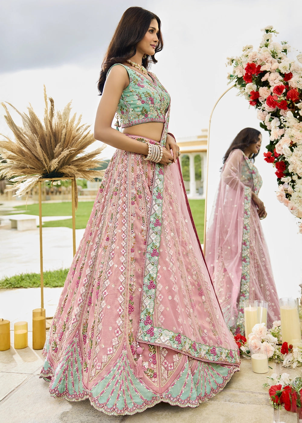 Light Pink Tissue Lehenga Choli with Handcrafted Floral & Sequin Work