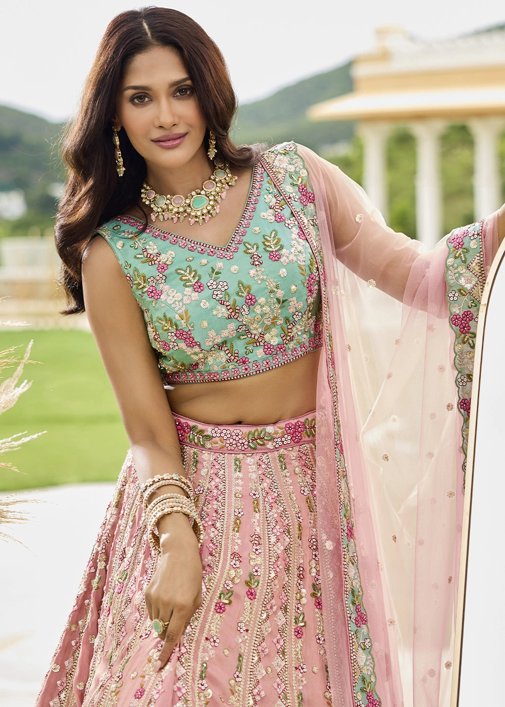 Light Pink Tissue Lehenga Choli with Handcrafted Floral & Sequin Work
