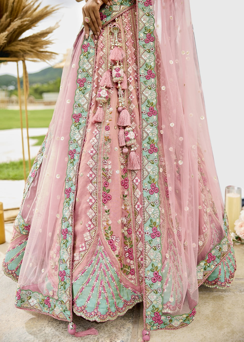 Light Pink Tissue Lehenga Choli with Handcrafted Floral & Sequin Work