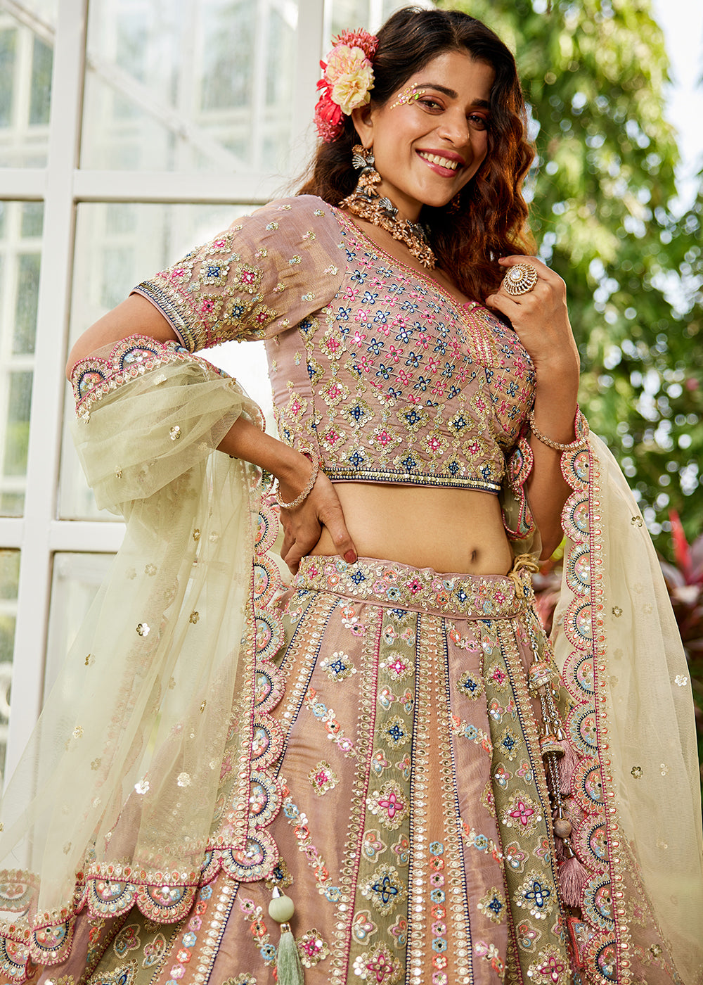 Limegreen Designer Net Lehenga Choli with Exquisite Moti & Gotapatti Work