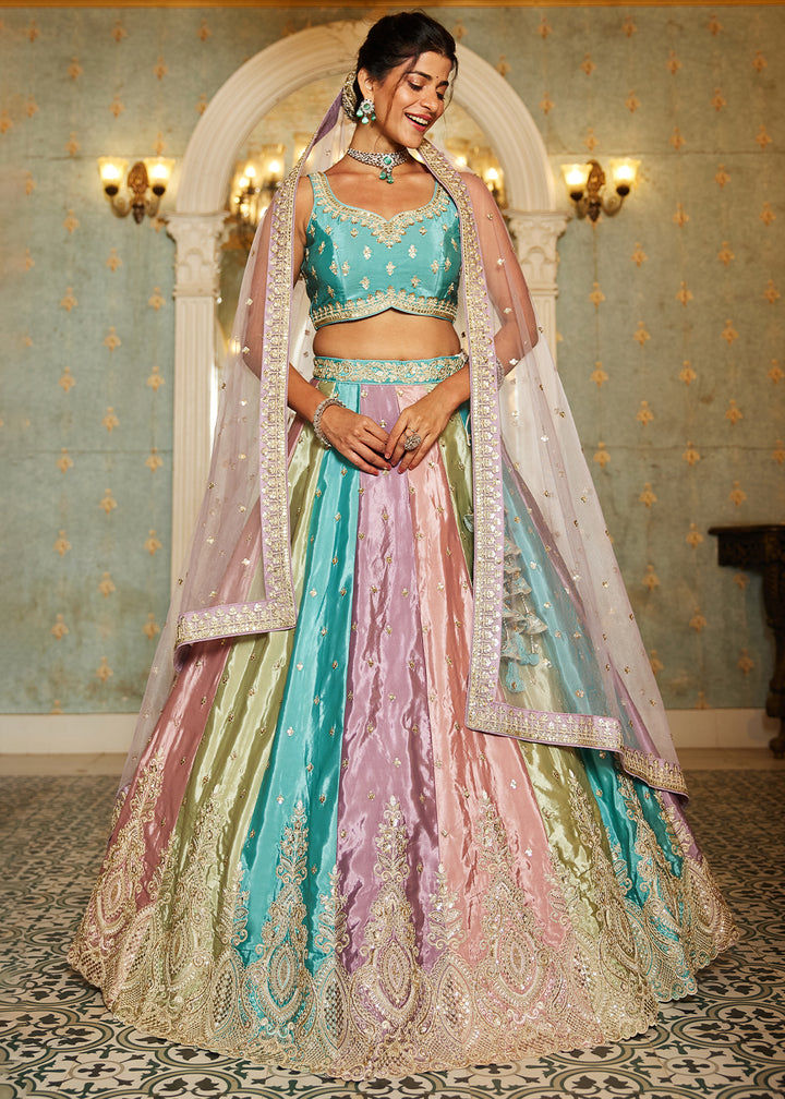 Blue & Purple Satin Silk Lehenga Choli with Handcrafted Sequins & Embroidery work