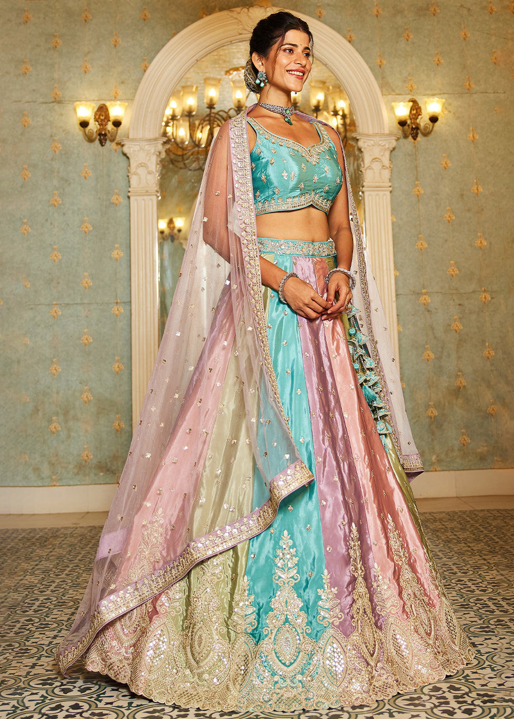 Blue & Purple Satin Silk Lehenga Choli with Handcrafted Sequins & Embroidery work