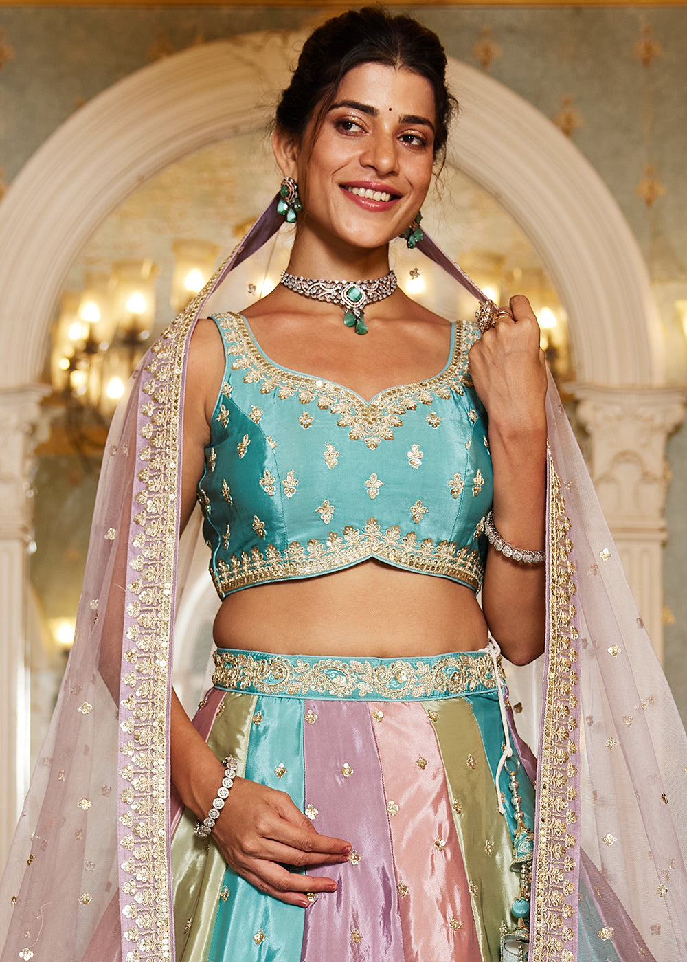 Blue & Purple Satin Silk Lehenga Choli with Handcrafted Sequins & Embroidery work