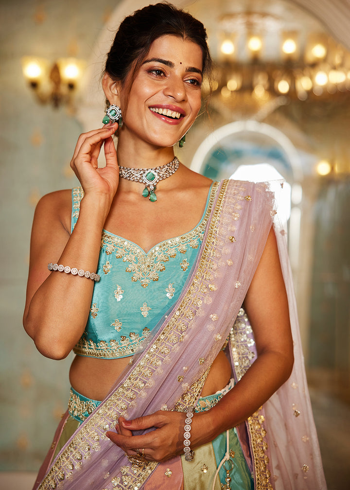 Blue & Purple Satin Silk Lehenga Choli with Handcrafted Sequins & Embroidery work