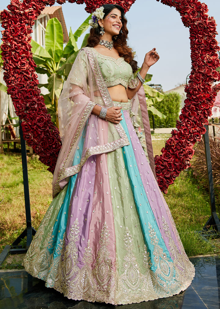 Multi Colored Satin Silk Lehenga Choli with Handcrafted Sequins & Embroidery work