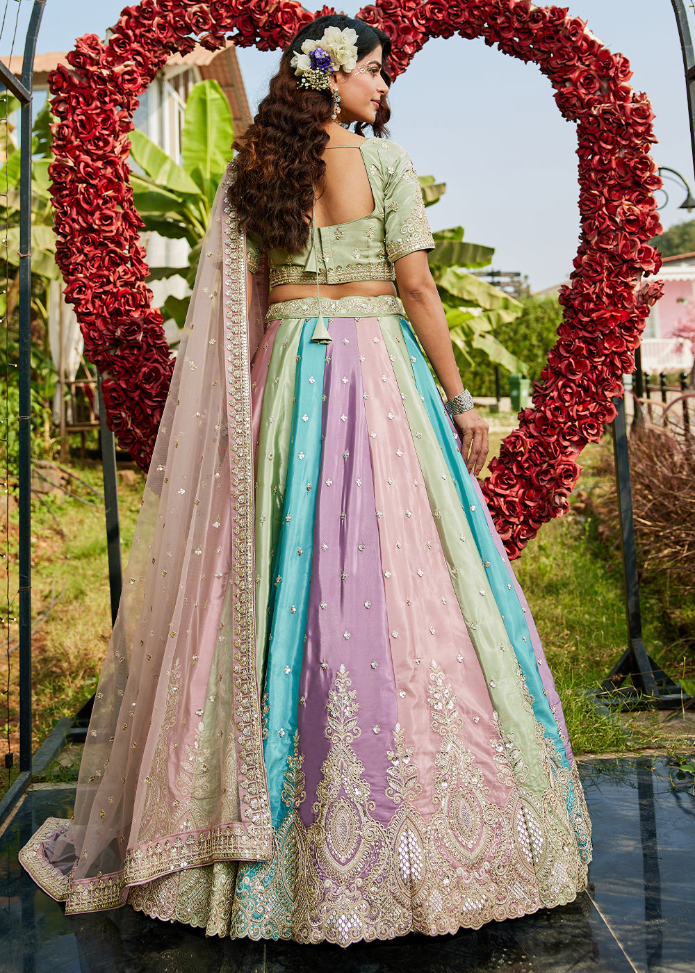 Multi Colored Satin Silk Lehenga Choli with Handcrafted Sequins & Embroidery work