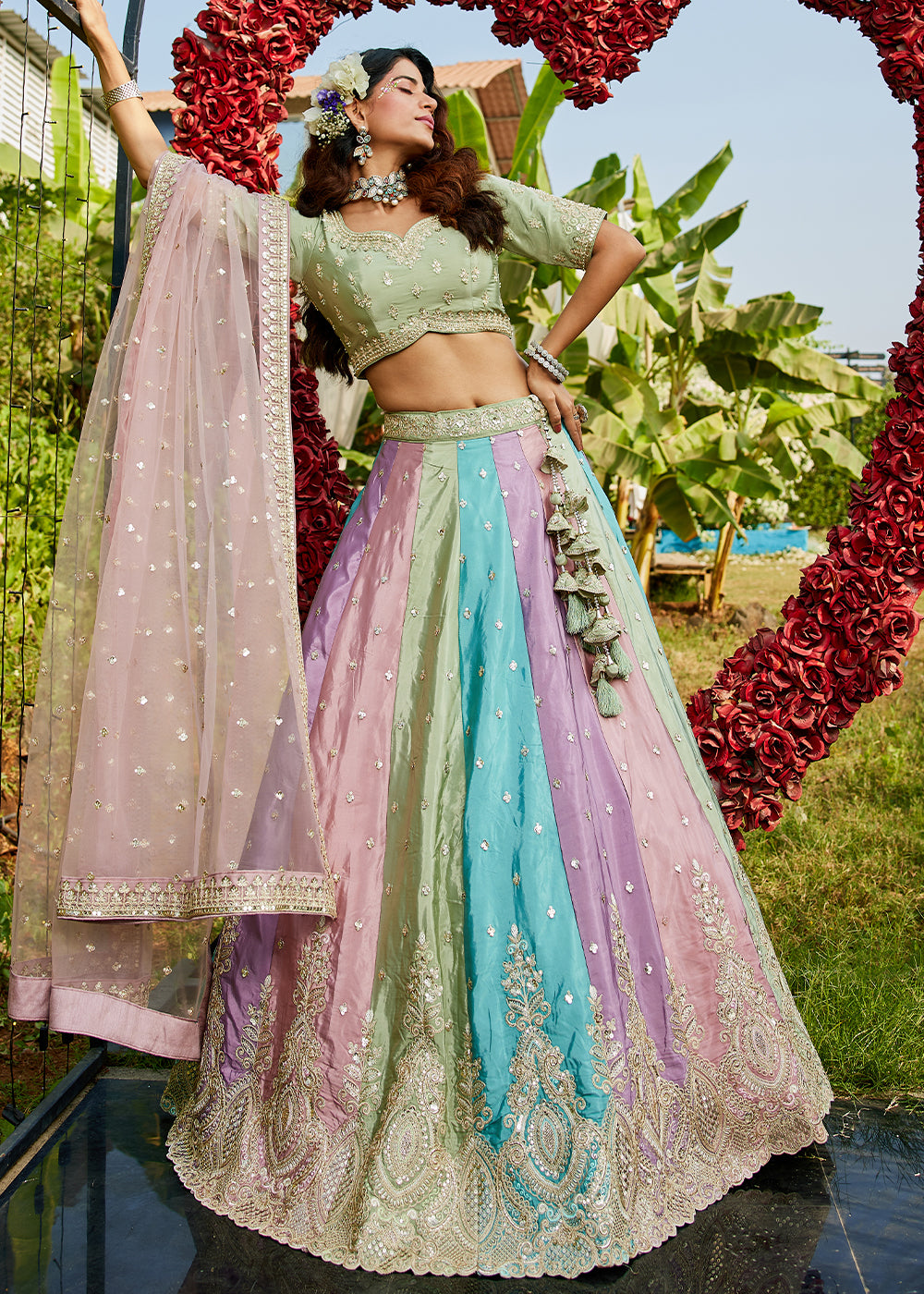 Multi Colored Satin Silk Lehenga Choli with Handcrafted Sequins & Embroidery work