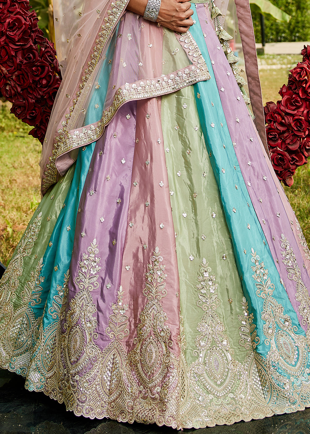 Multi Colored Satin Silk Lehenga Choli with Handcrafted Sequins & Embroidery work