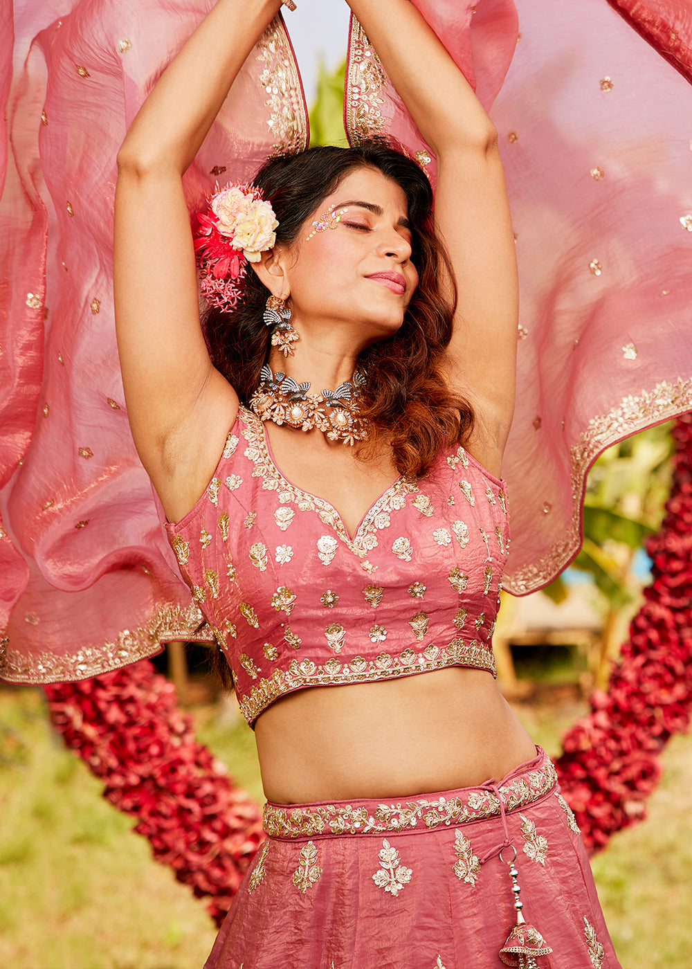 Brink Pink Organza Lehenga Choli with Handcrafted Sequins & Moti work