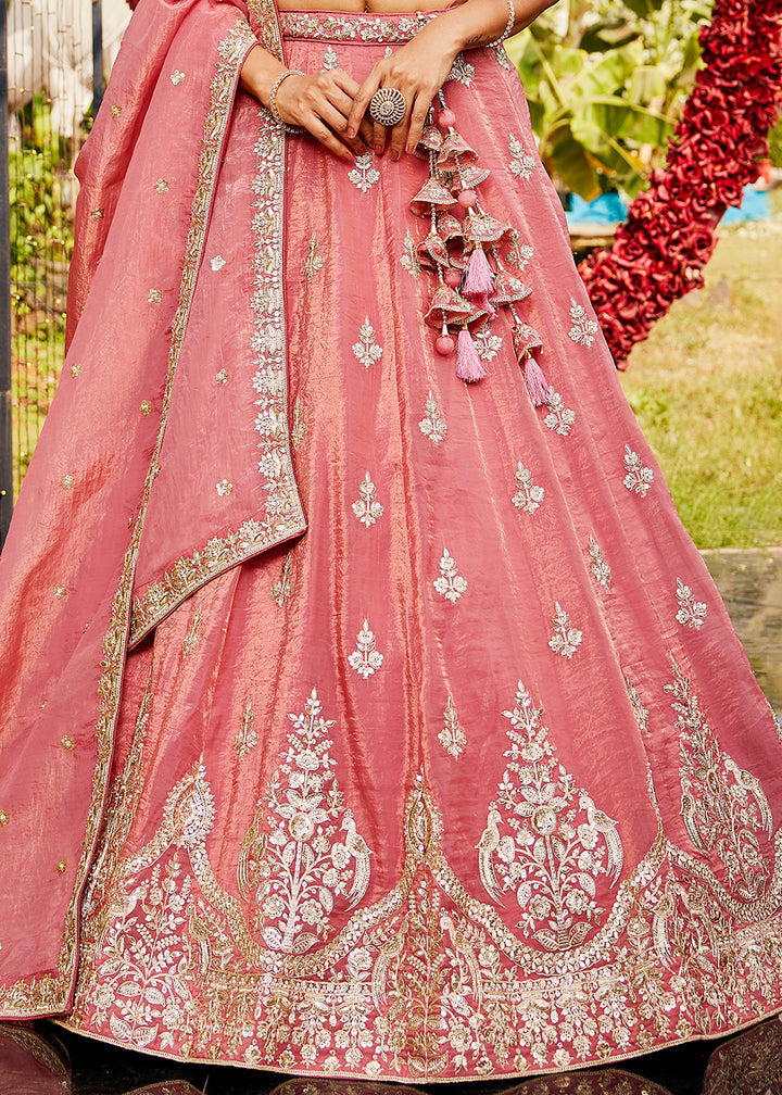 Brink Pink Organza Lehenga Choli with Handcrafted Sequins & Moti work