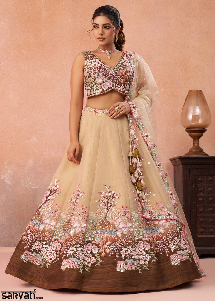 Shades Of Brown Net Lehenga Choli with Floral & Sequin Embroidery