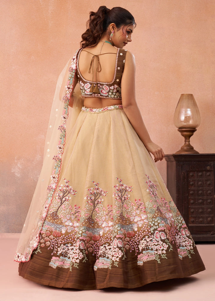 Shades Of Brown Net Lehenga Choli with Floral & Sequin Embroidery