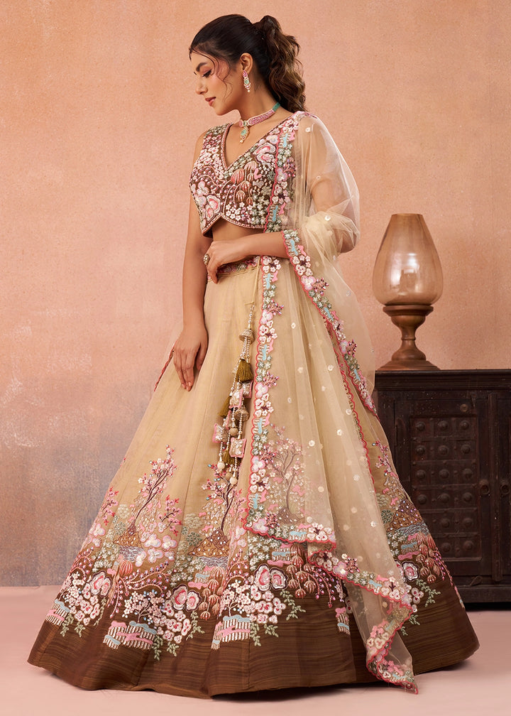 Shades Of Brown Net Lehenga Choli with Floral & Sequin Embroidery