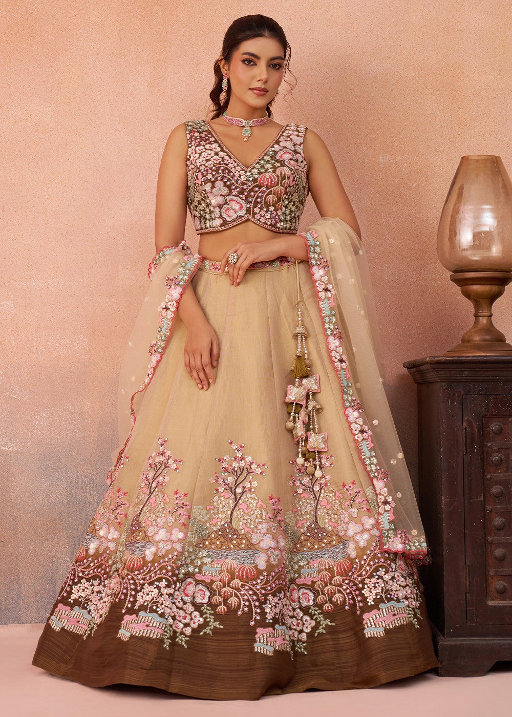 Shades Of Brown Net Lehenga Choli with Floral & Sequin Embroidery