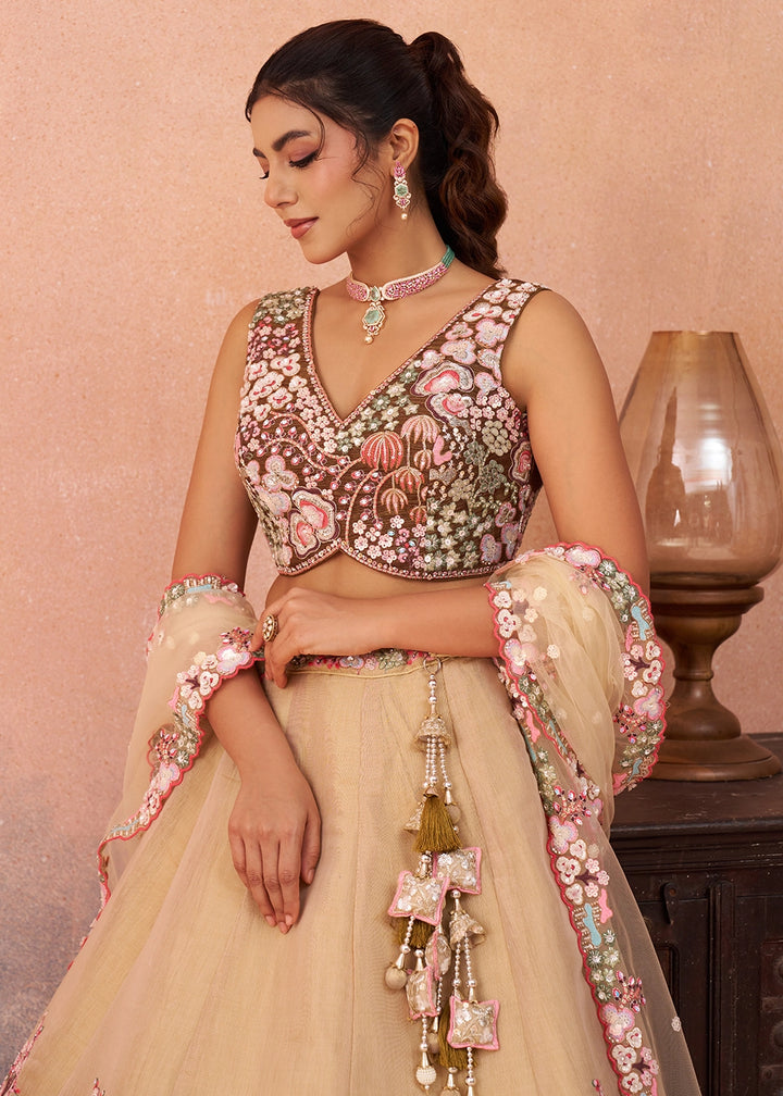 Shades Of Brown Net Lehenga Choli with Floral & Sequin Embroidery