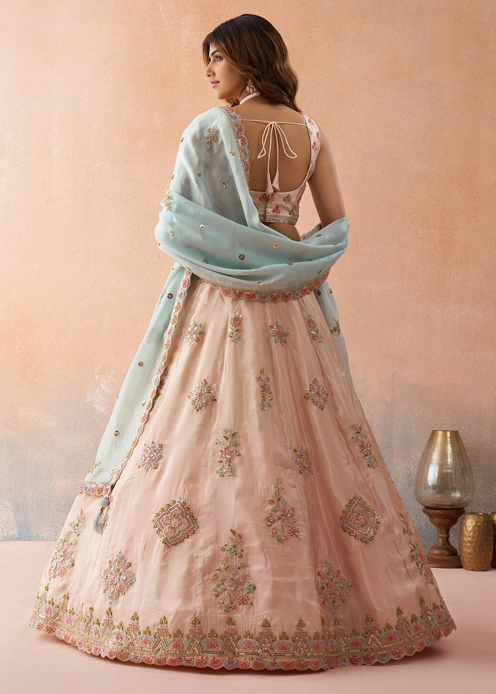 Light Peach Pink Tissue Lehenga Choli with Floral & Sequin Embroidery