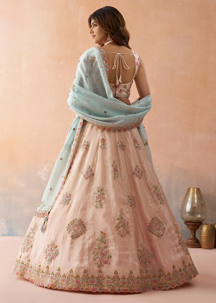 Light Peach Pink Tissue Lehenga Choli with Floral & Sequin Embroidery