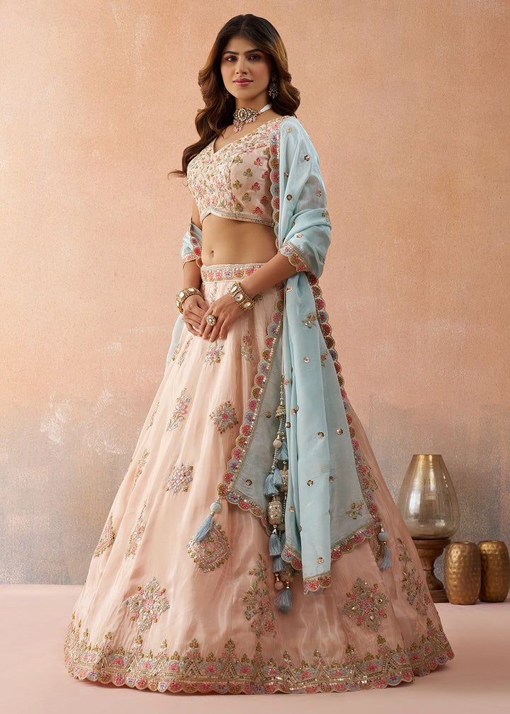 Light Peach Pink Tissue Lehenga Choli with Floral & Sequin Embroidery