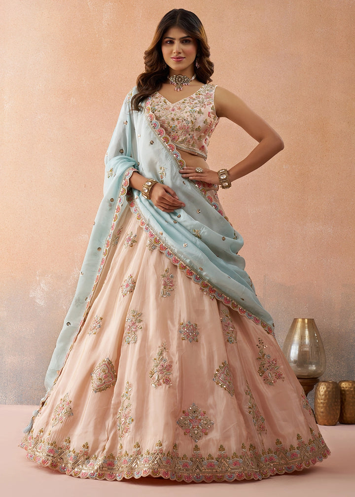 Light Peach Pink Tissue Lehenga Choli with Floral & Sequin Embroidery