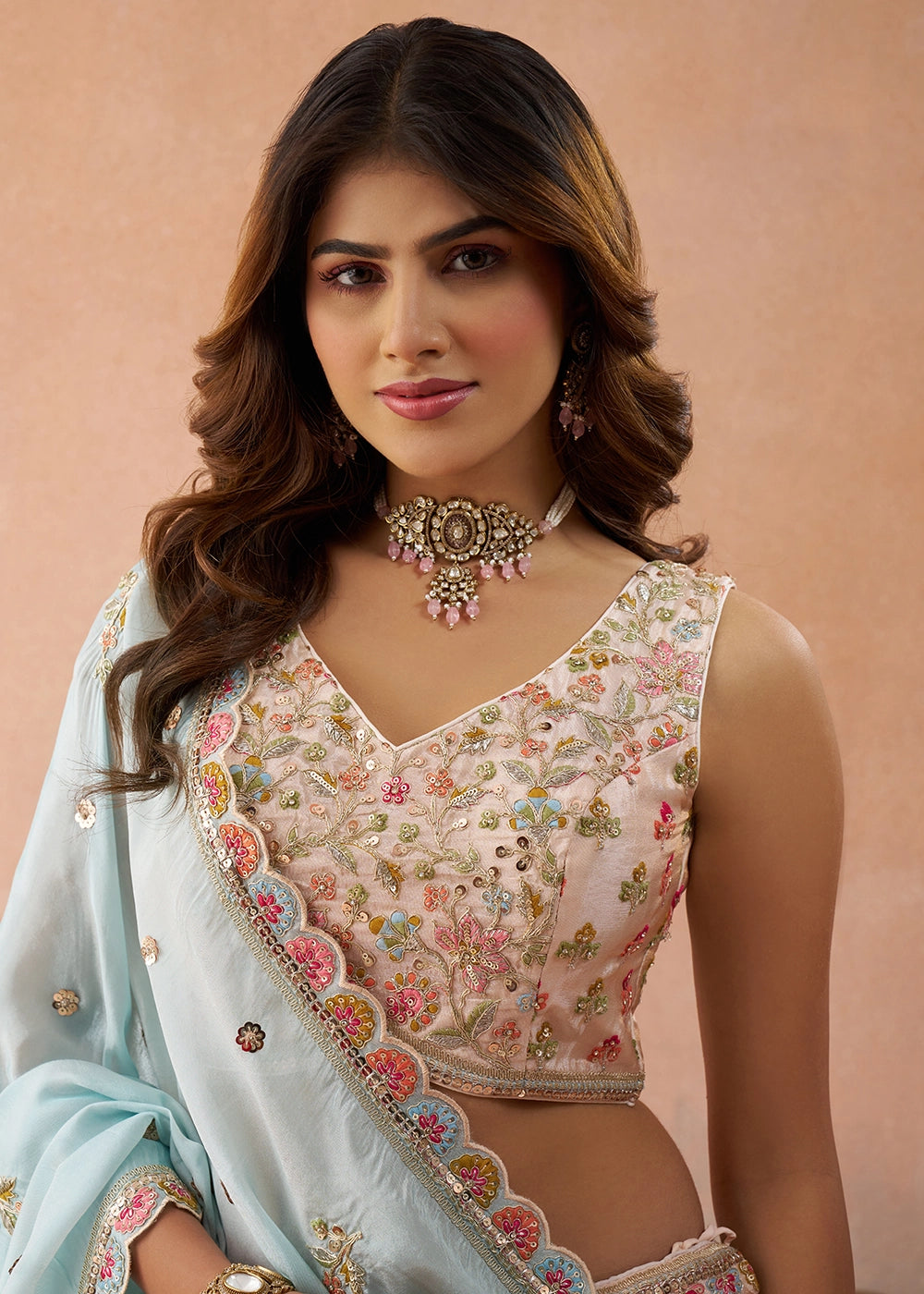 Light Peach Pink Tissue Lehenga Choli with Floral & Sequin Embroidery