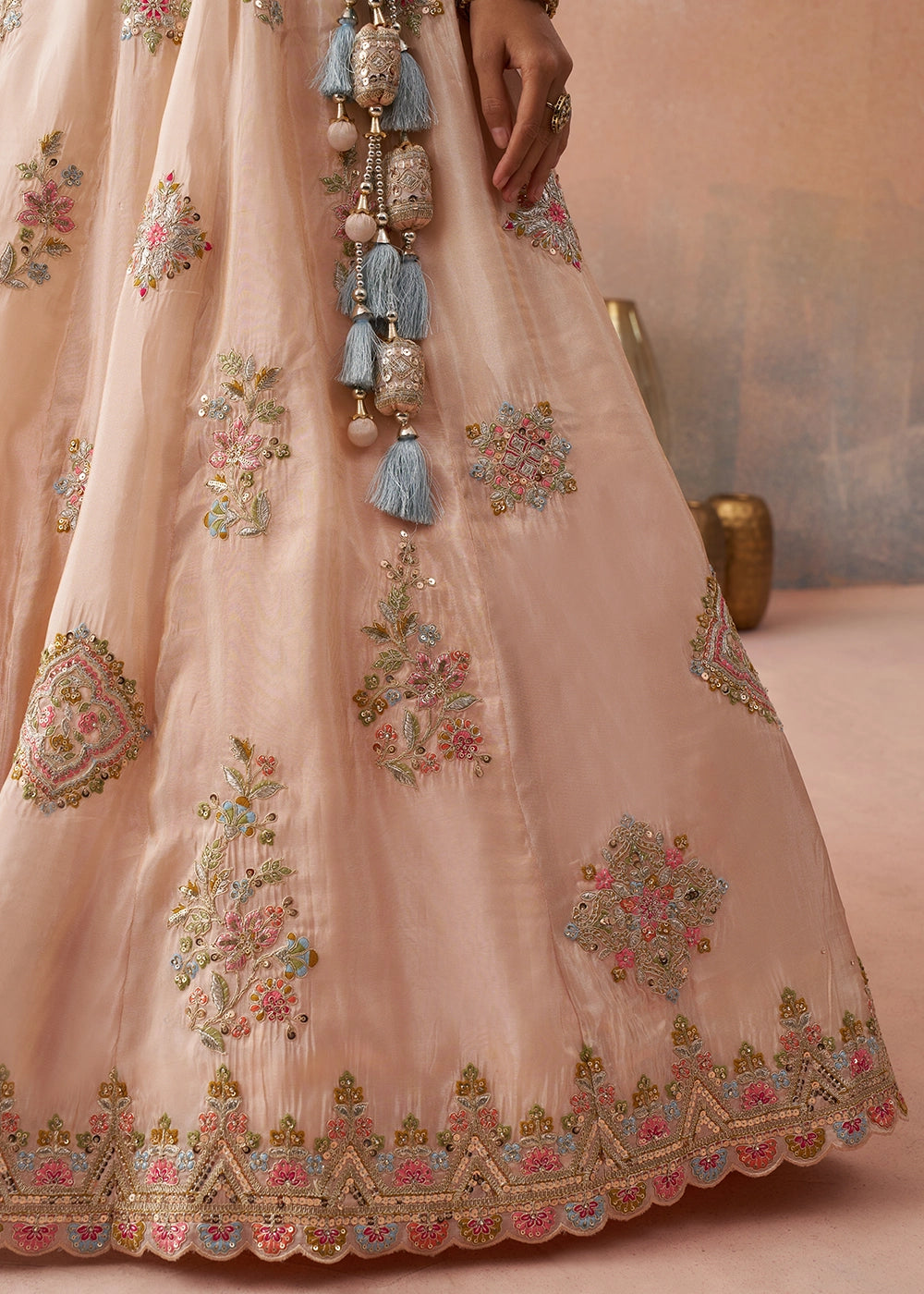 Light Peach Pink Tissue Lehenga Choli with Floral & Sequin Embroidery