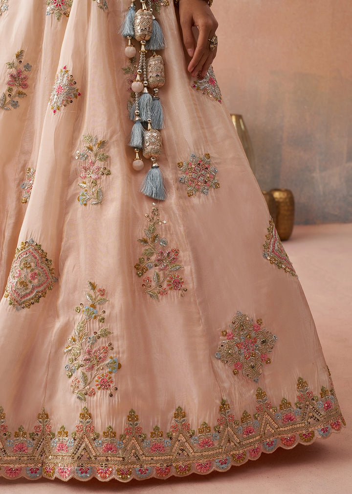 Light Peach Pink Tissue Lehenga Choli with Floral & Sequin Embroidery