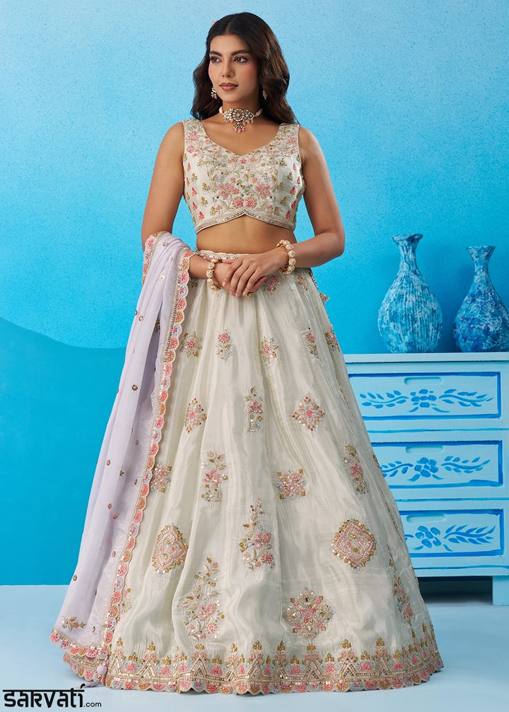 Tea Green Tissue Lehenga Choli with Floral & Sequin Embroidery