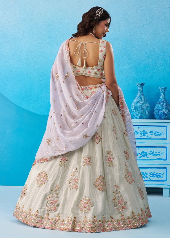 Tea Green Tissue Lehenga Choli with Floral & Sequin Embroidery