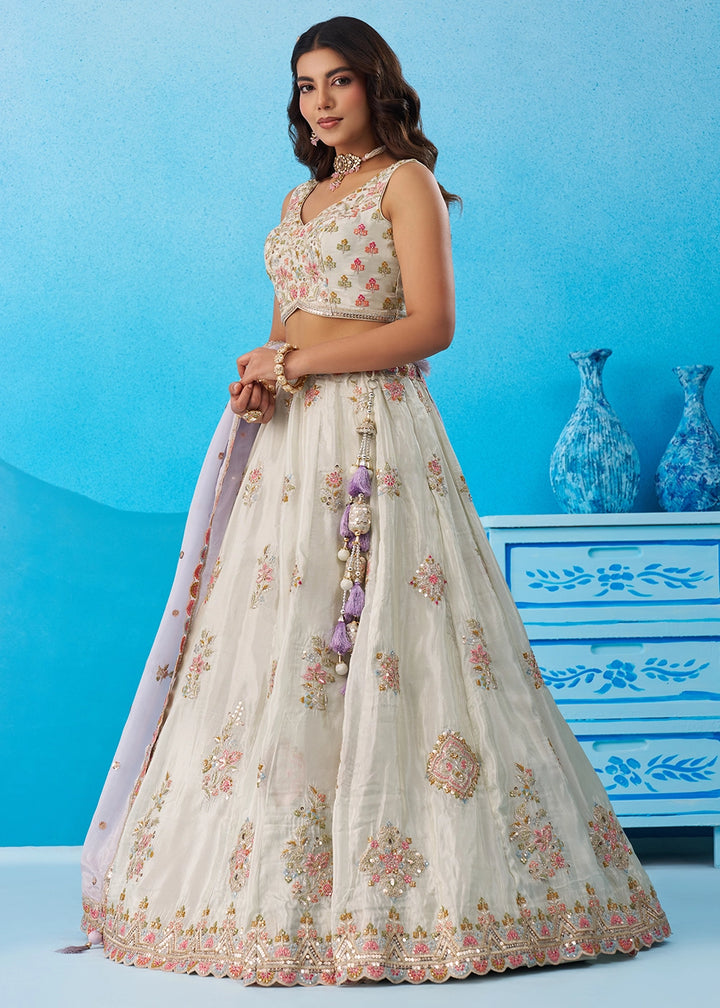 Tea Green Tissue Lehenga Choli with Floral & Sequin Embroidery