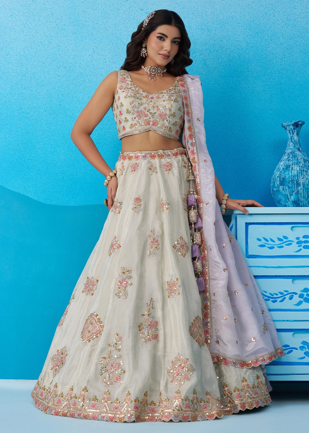 Tea Green Tissue Lehenga Choli with Floral & Sequin Embroidery