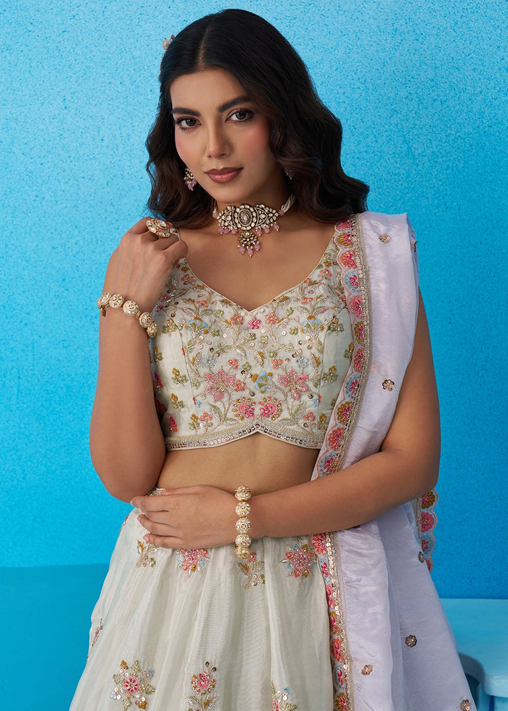 Tea Green Tissue Lehenga Choli with Floral & Sequin Embroidery