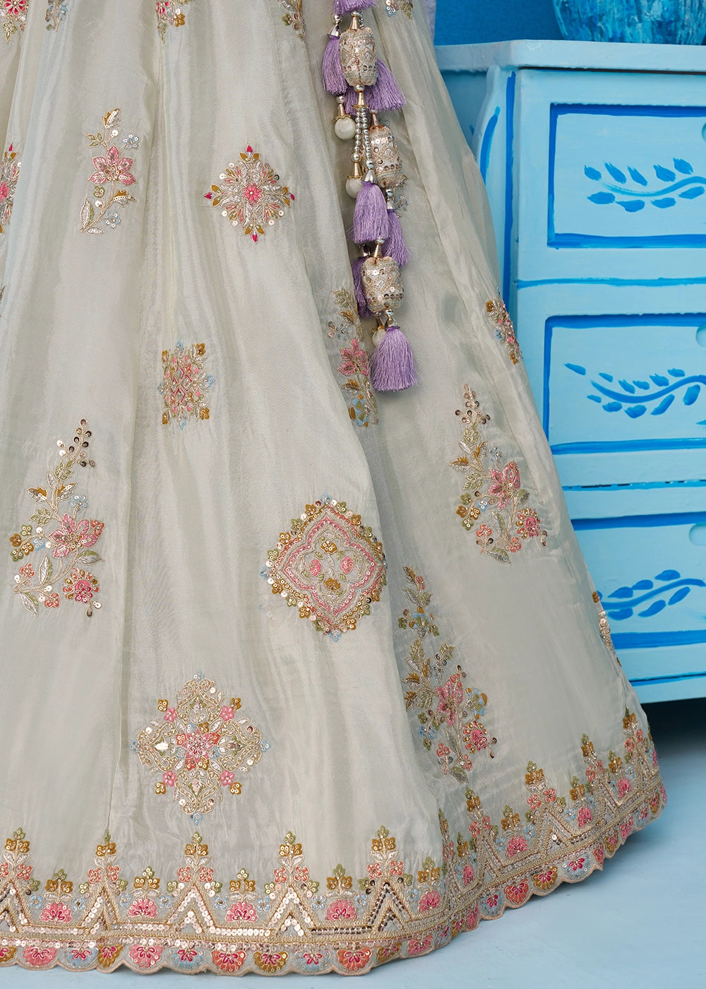 Tea Green Tissue Lehenga Choli with Floral & Sequin Embroidery