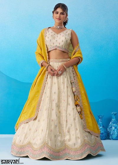 Cream White Tissue Lehenga Choli with Sequin Embroidery work with Yellow Dupatta
