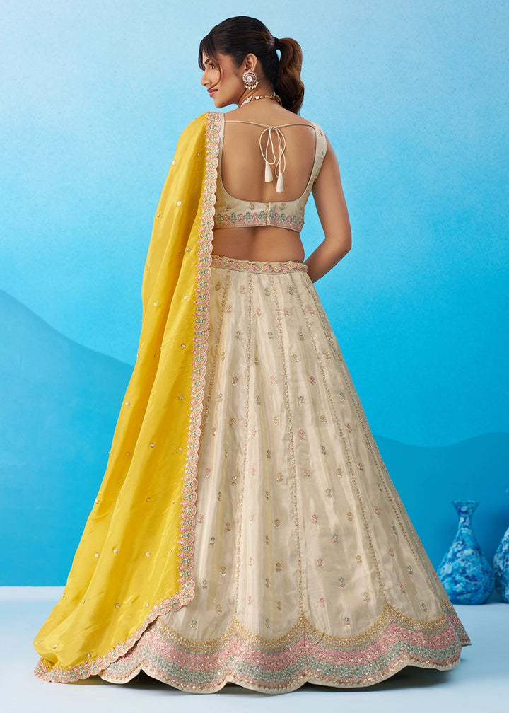 Cream White Tissue Lehenga Choli with Sequin Embroidery work with Yellow Dupatta