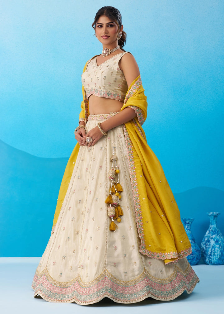 Cream White Tissue Lehenga Choli with Sequin Embroidery work with Yellow Dupatta