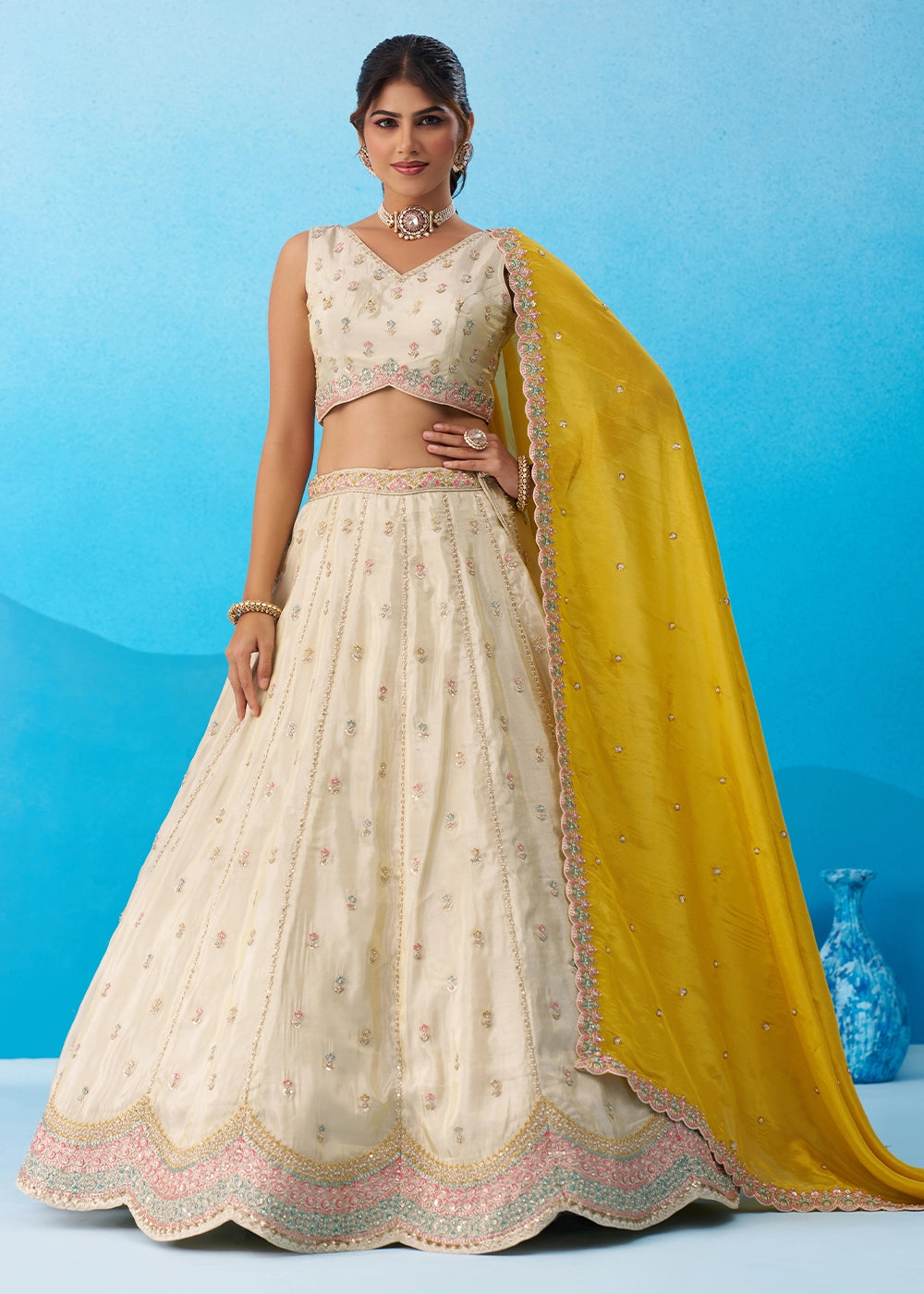 Cream White Tissue Lehenga Choli with Sequin Embroidery work with Yellow Dupatta